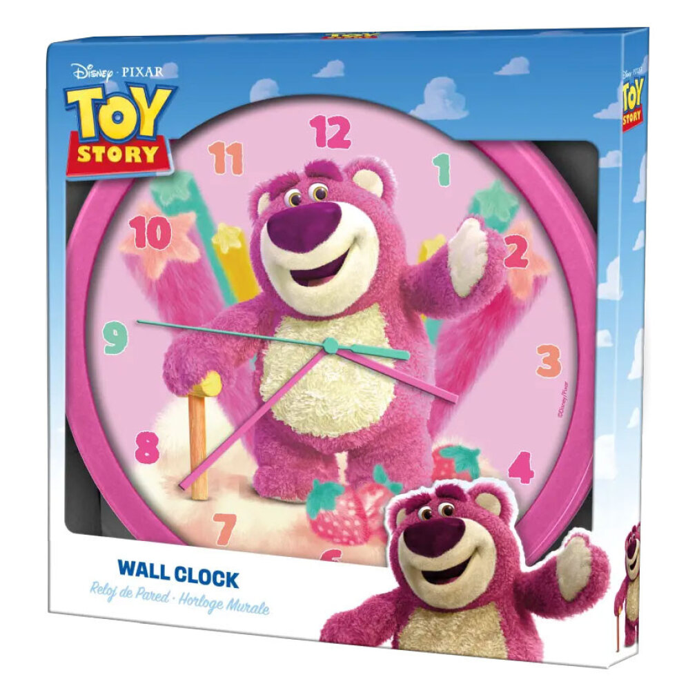 Toy Story Wanduhr mit Lotso-Bär und Erdbeeren auf rosa Zifferblatt.
