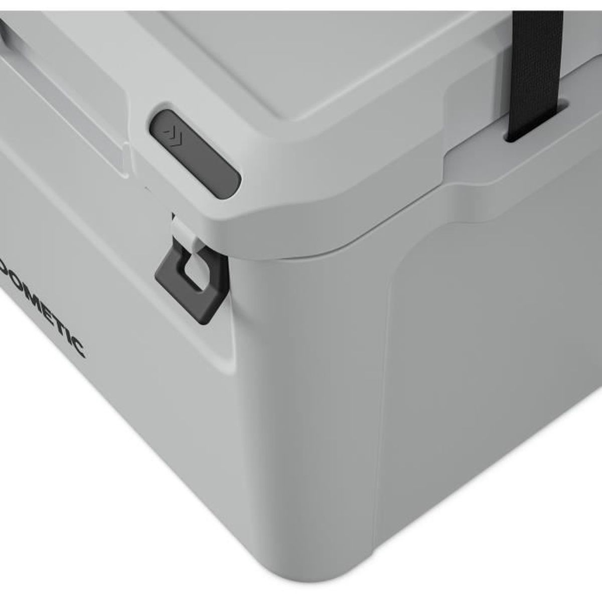 Borsa frigo grigia con manico e logo neri.