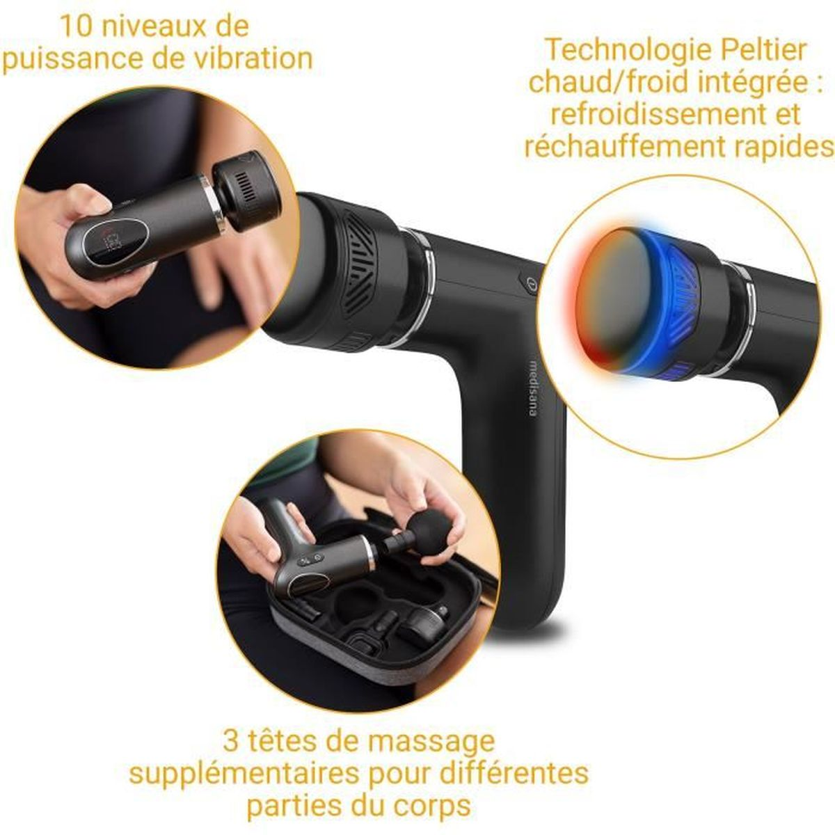 Pistola de masaje con 10 niveles de vibración, tecnología Peltier y 3 cabezales.