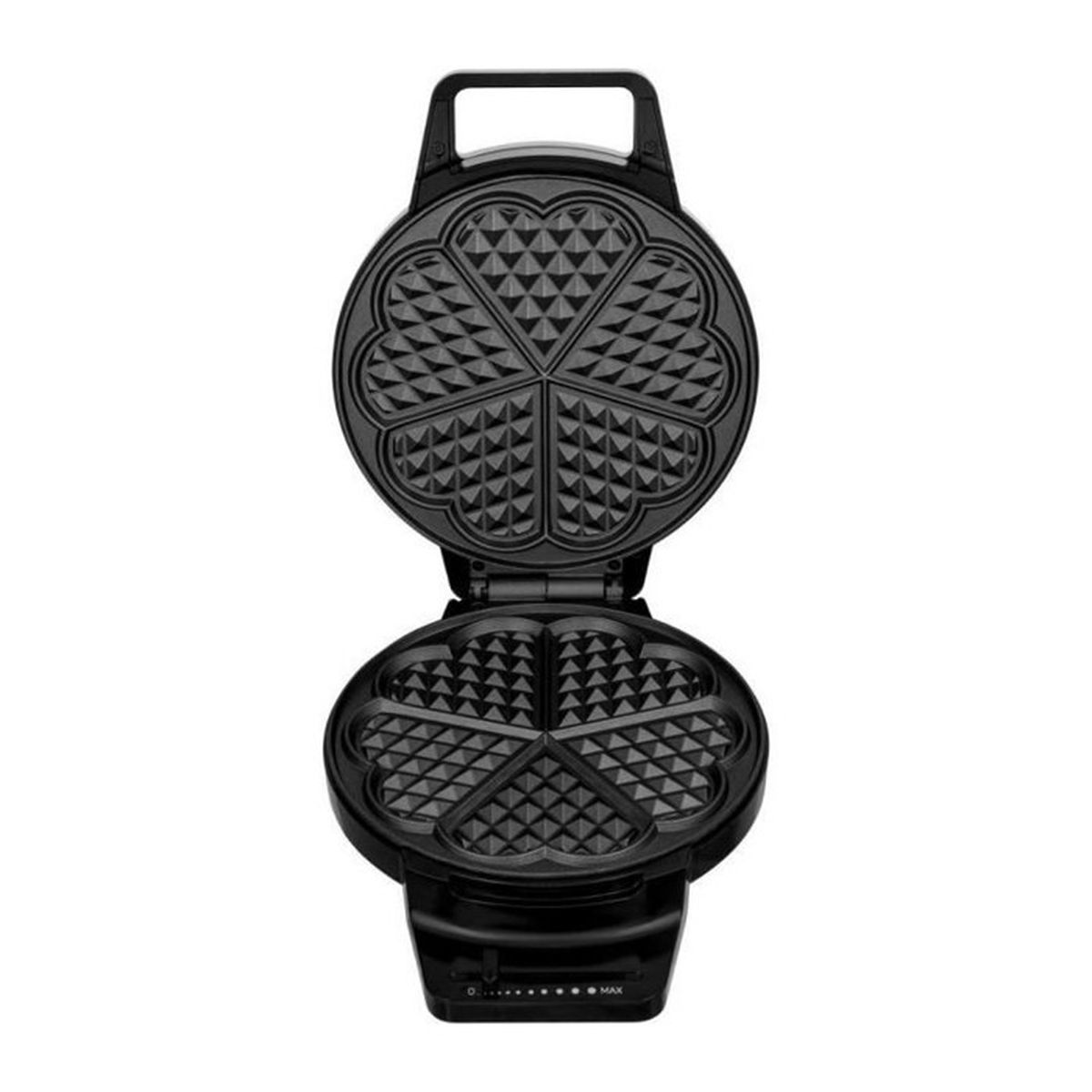 Ein offener schwarzer Waffelautomat mit Herzformen.