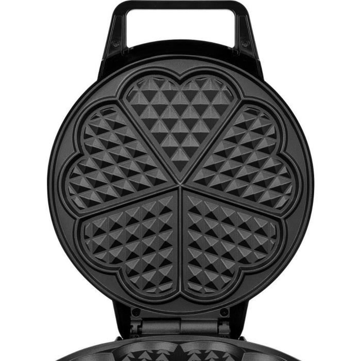 Ein schwarzes, offenes Herz-Waffeleisen mit sechs Vertiefungen.