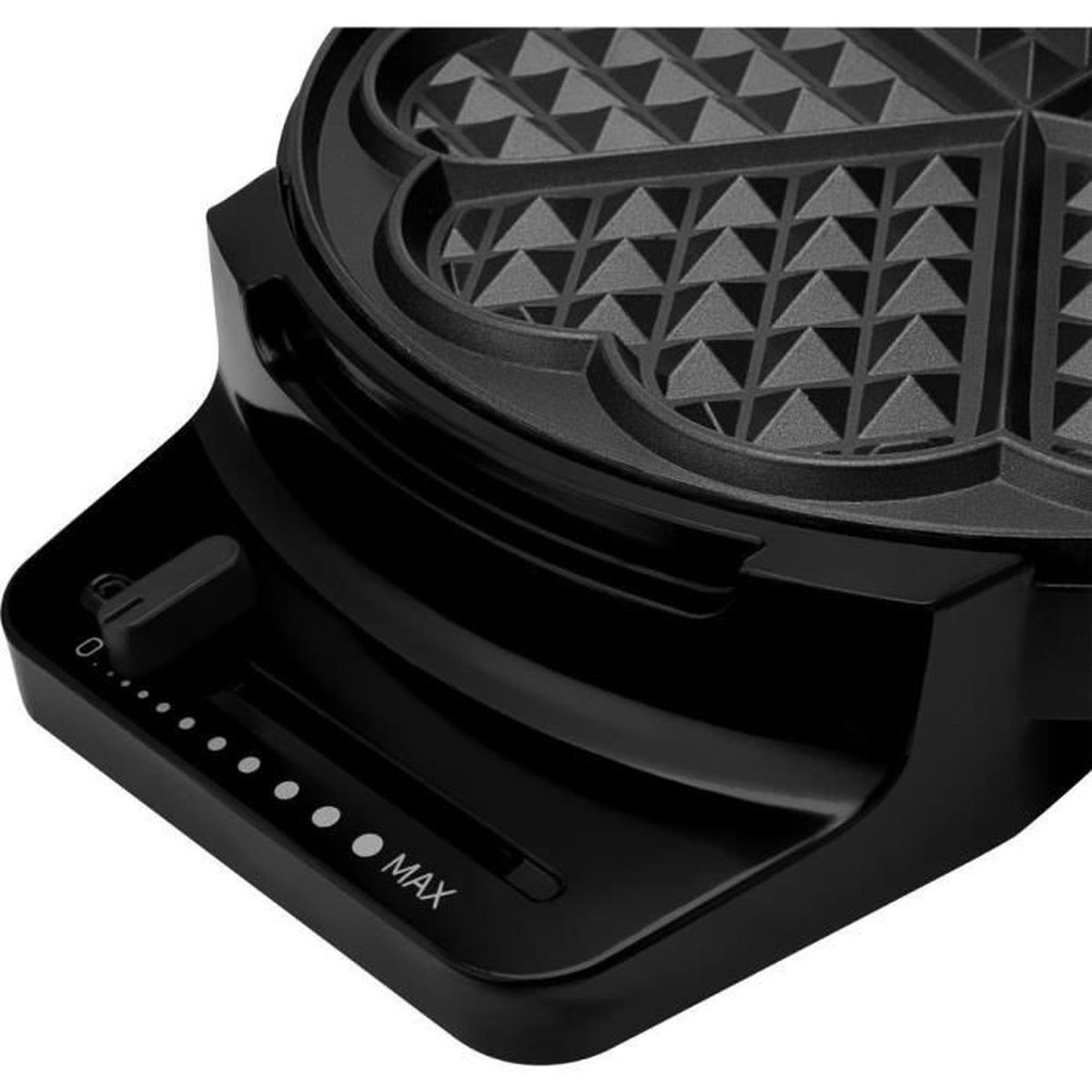 Schwarzer Waffelautomat mit Herzform-Platten und Temperaturregler.