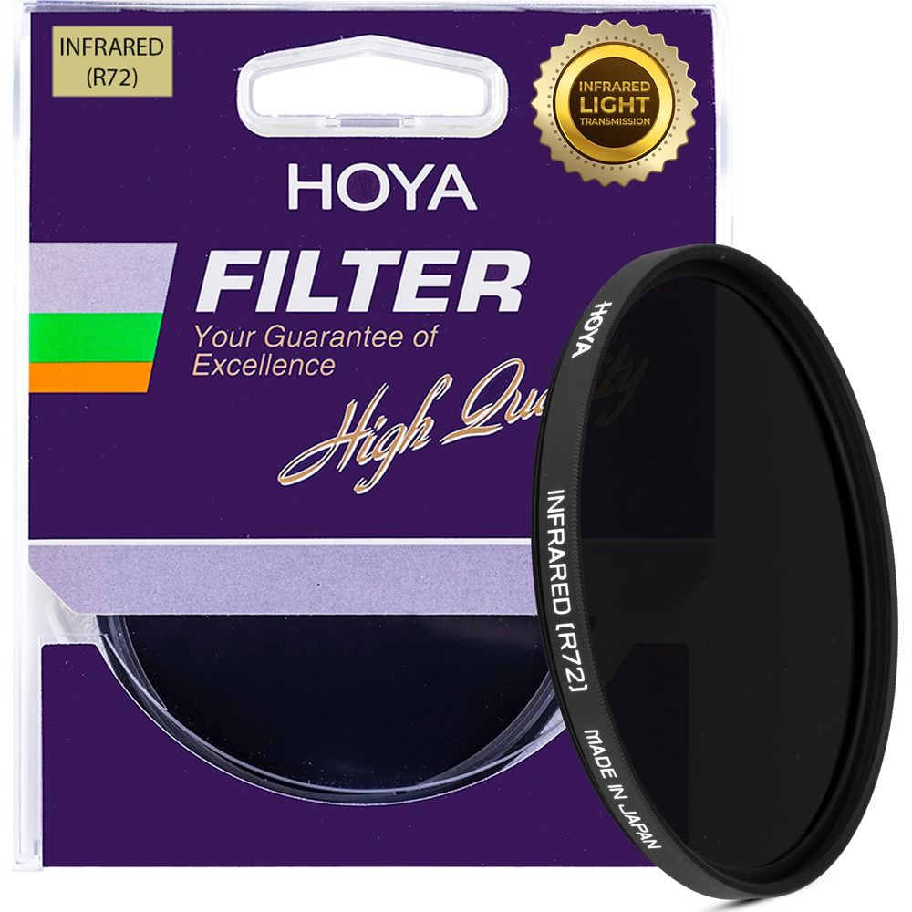 Hoya R72 Infrarotfilter auf violettem Hintergrund mit Aufdruck.
