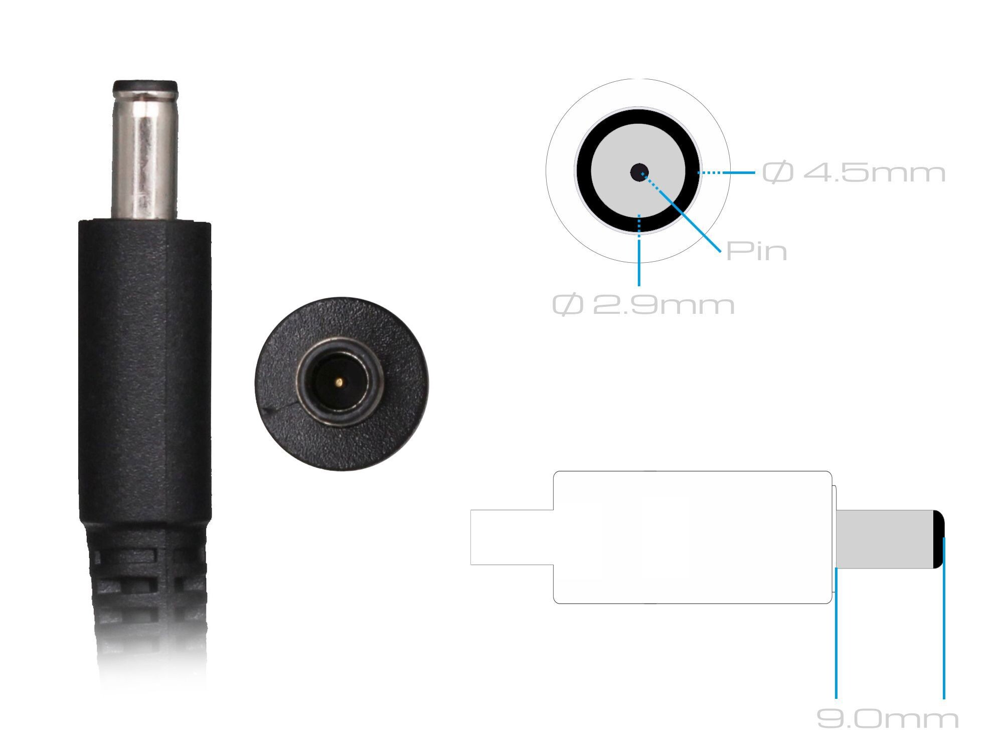 DC-Stecker mit Maßen: Außendurchmesser 4,5 mm, Innendurchmesser 2,9 mm, Länge 9,0 mm.