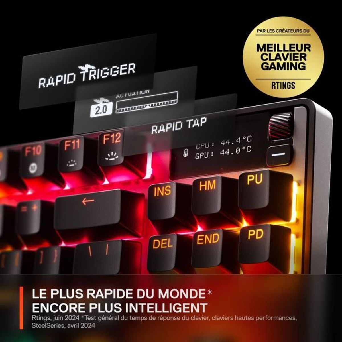 Tastiera gaming con retroilluminazione rossa, display temp CPU/GPU e "Rapid Trigger".