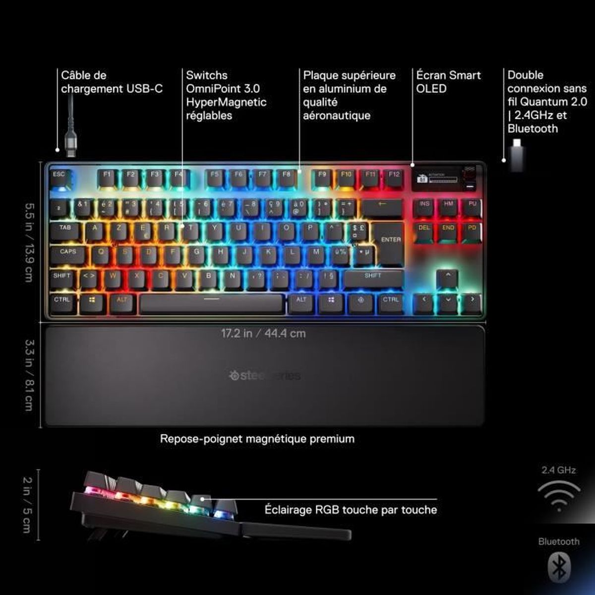 Una tastiera da gaming con poggiapolsi magnetico, illuminazione RGB e display OLED smart.