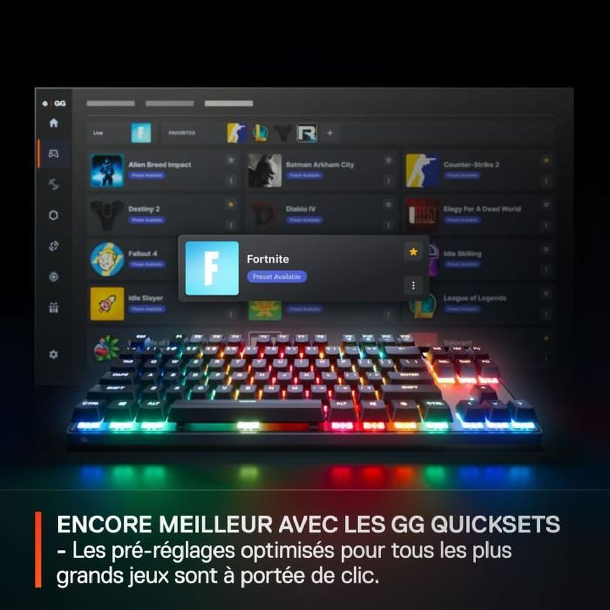 Una tastiera da gaming con illuminazione RGB mostra un menu con giochi come Fortnite.