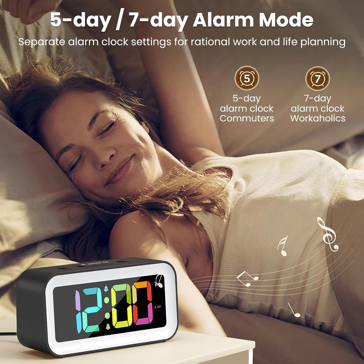 Ein Mann schläft neben einem digitalen Wecker, der 12:00 Uhr anzeigt.