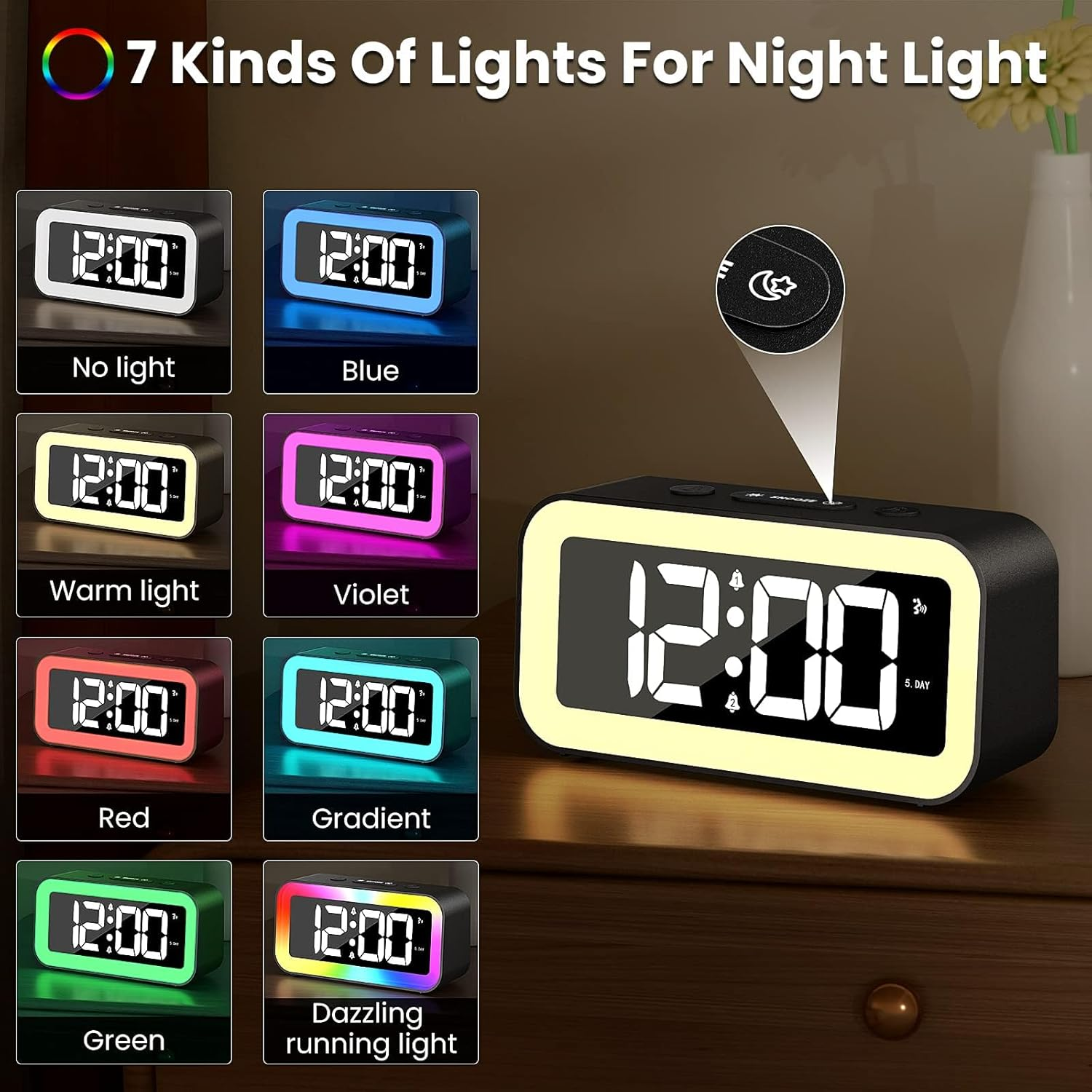 Digitaluhr mit 7 verschiedenen Lichteinstellungen: keine, blau, warm, violett, rot, Gradient, grün.