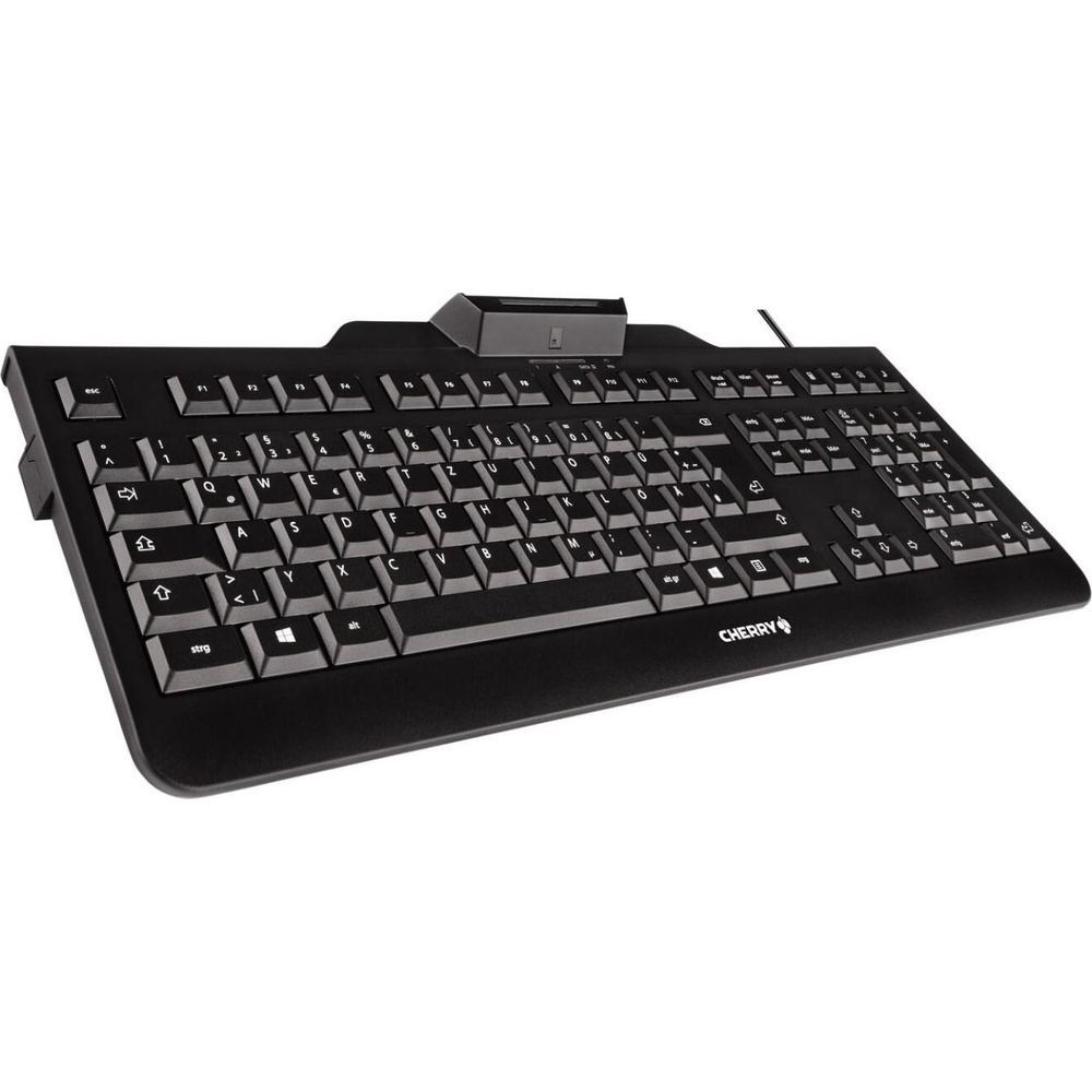 Schwarze Tastatur mit Beschriftungen und einem oberen Ständer.