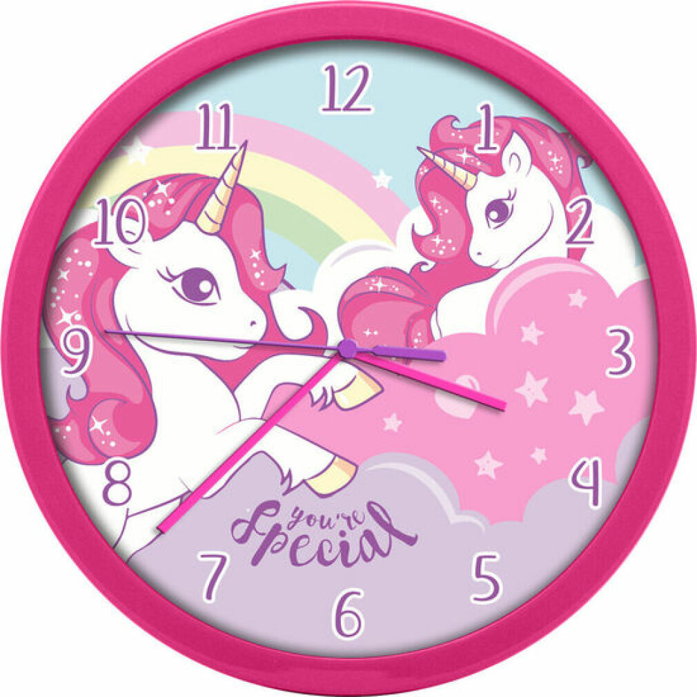 Ein pinker Wanduhr mit zwei Einhörnern, Wolken und einem Regenbogen.