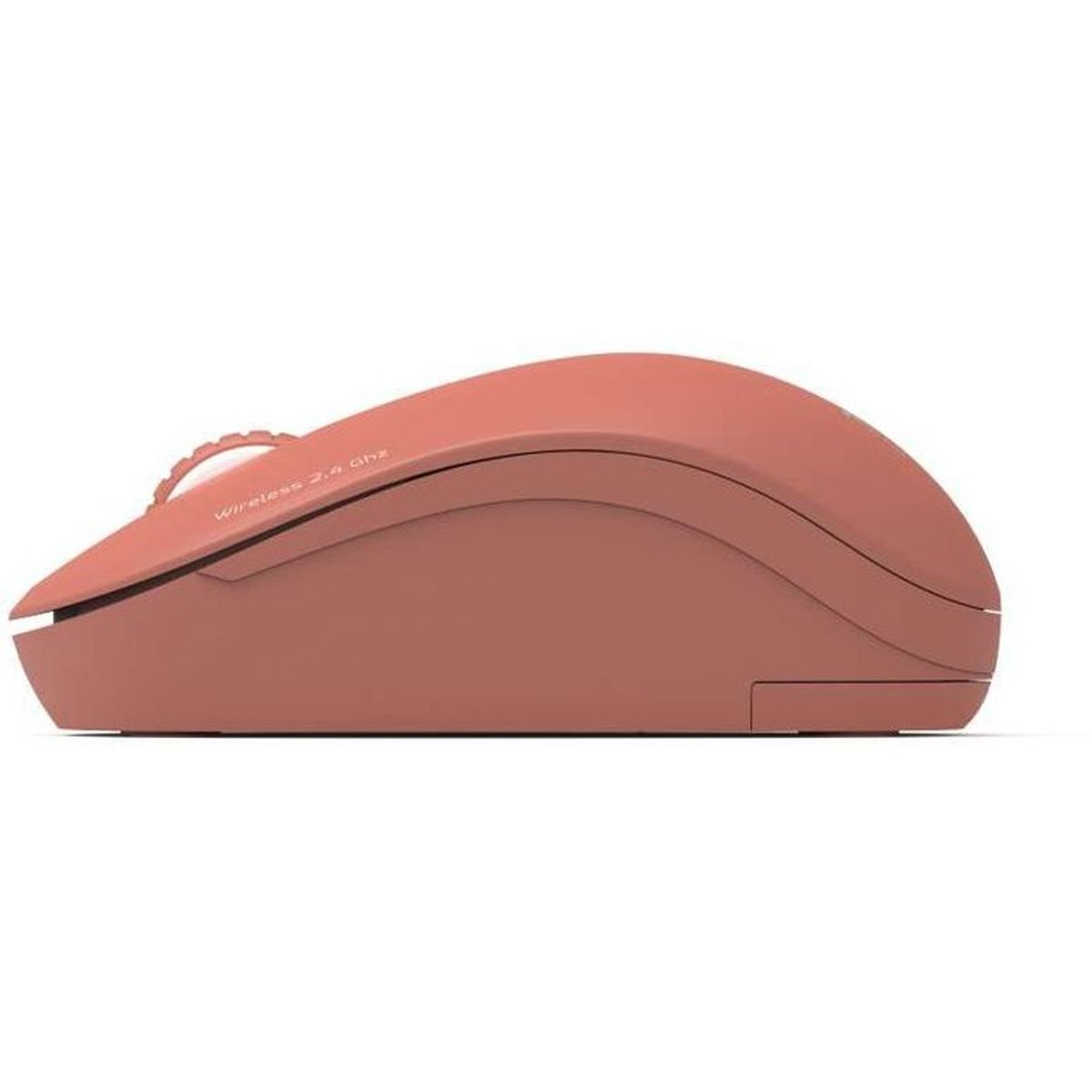A coral pink wireless mouse with a scroll wheel. Studio shot.