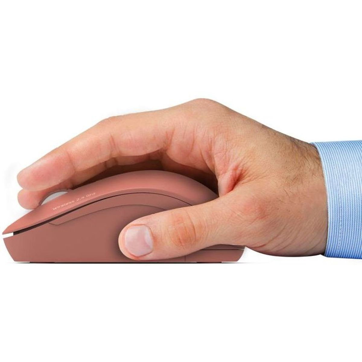 A hand operates a pink wireless mouse with a blue shirt in the background.