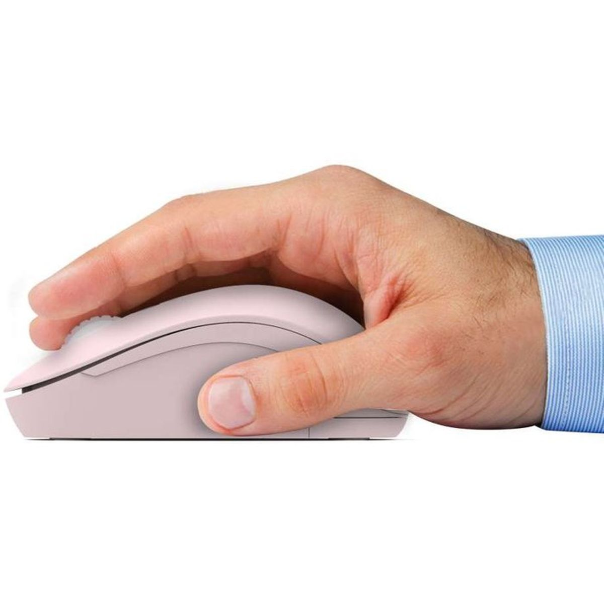 A hand operates a light pink computer mouse against a white background.