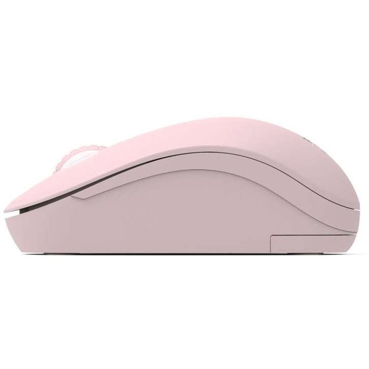 A light pink computer mouse, side view, featuring a scroll wheel.