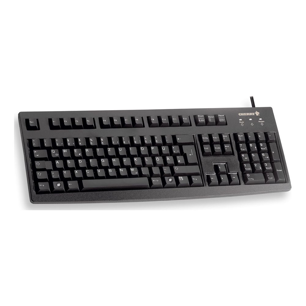 Tastiera Cherry nera con layout standard e tastierino numerico, su sfondo bianco.