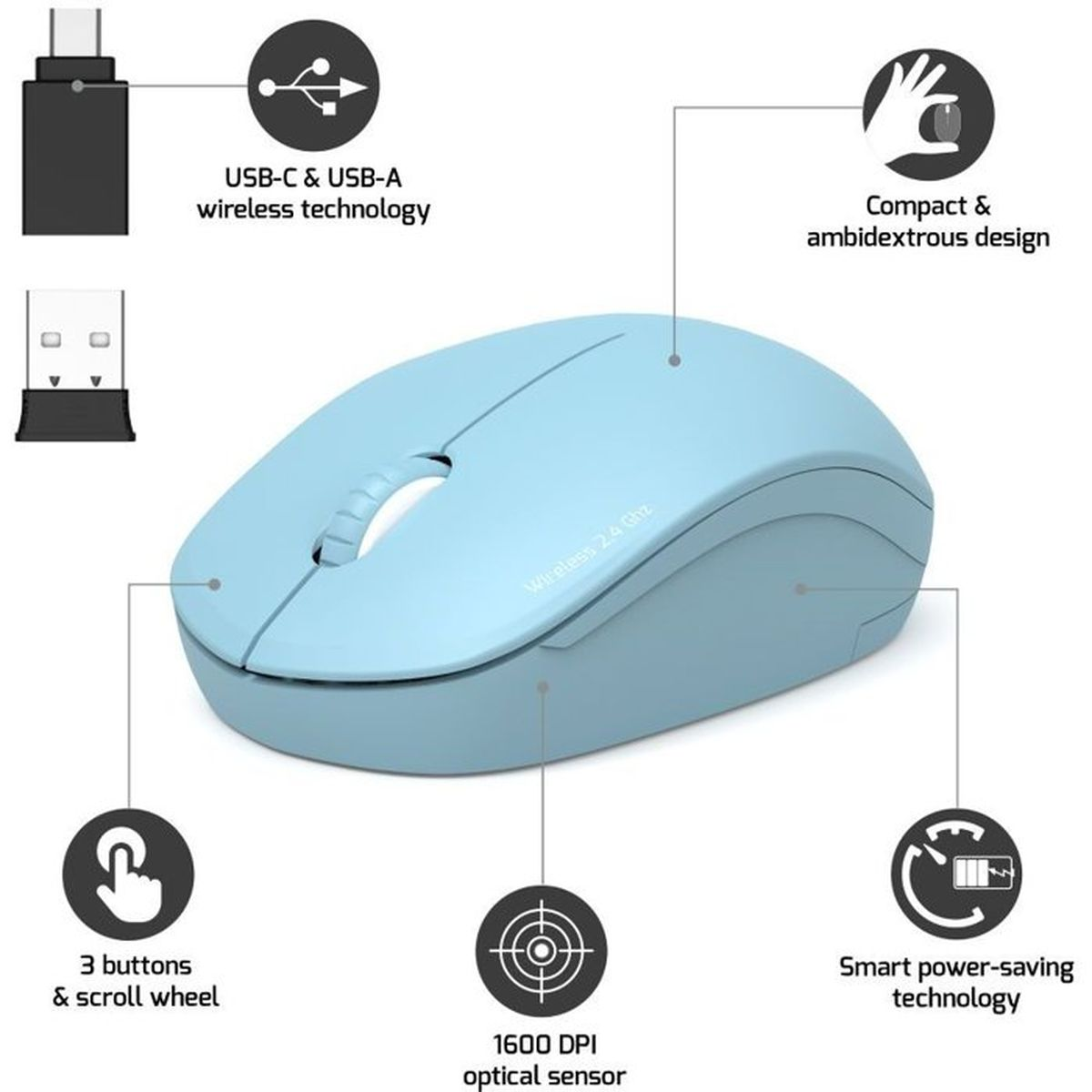 A light blue wireless mouse with USB-C/USB-A, 3 buttons, scroll wheel, and optical sensor.