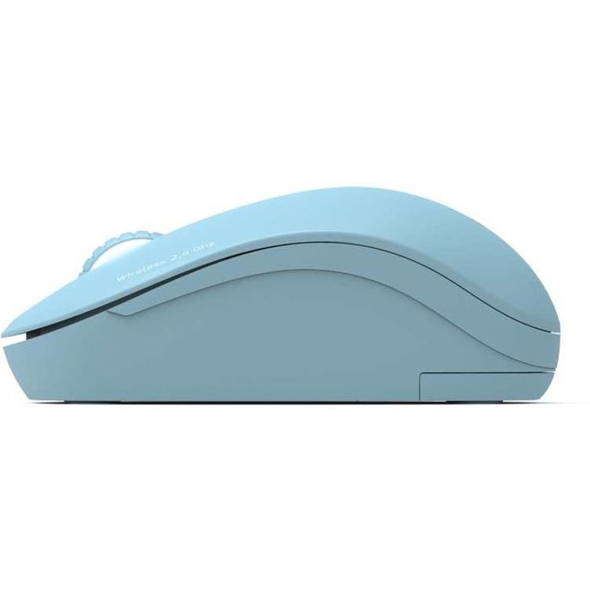 A light blue wireless computer mouse seen from the side.
