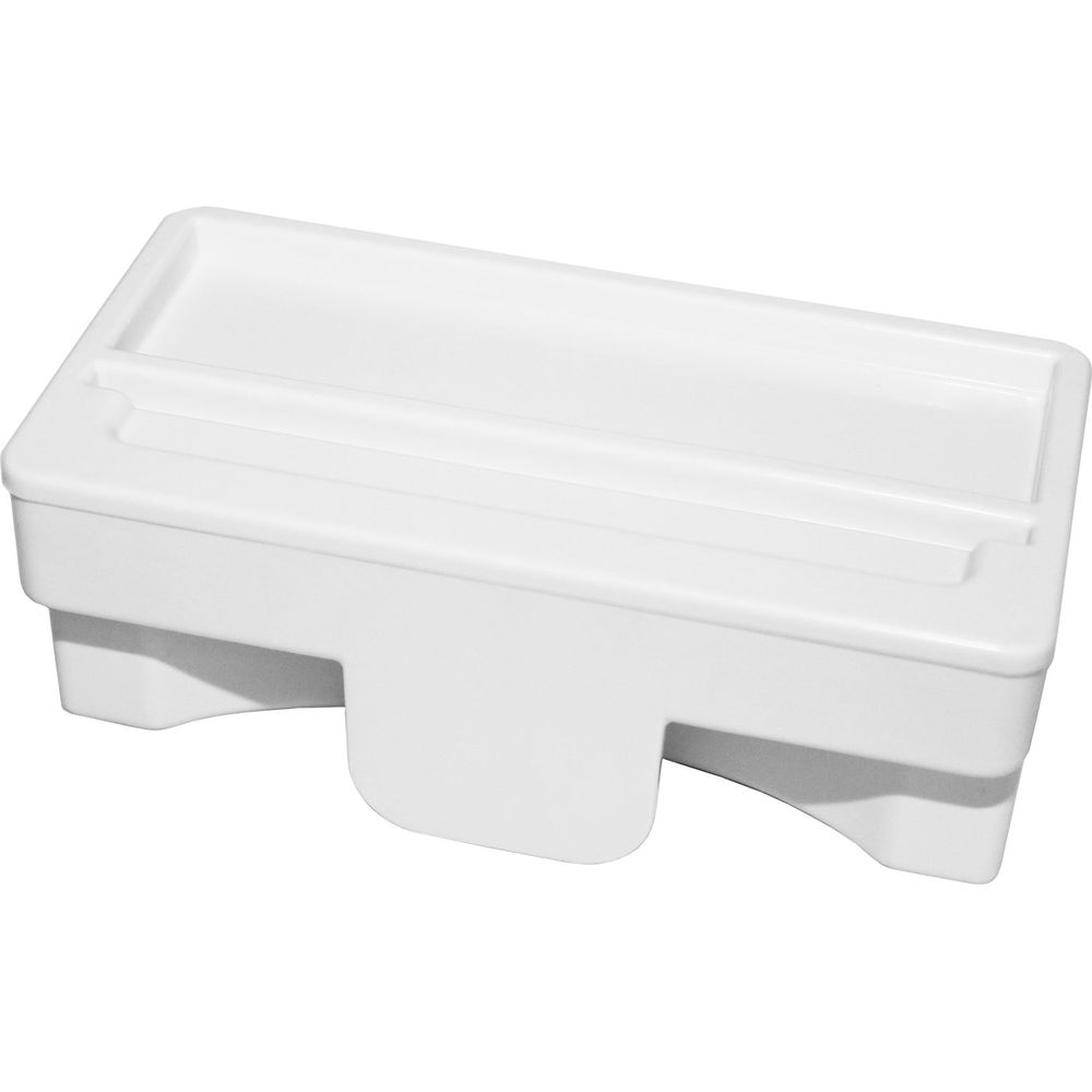 Biały, prostokątny pojemnik z dwoma przegrodami i wycięciami po bokach.