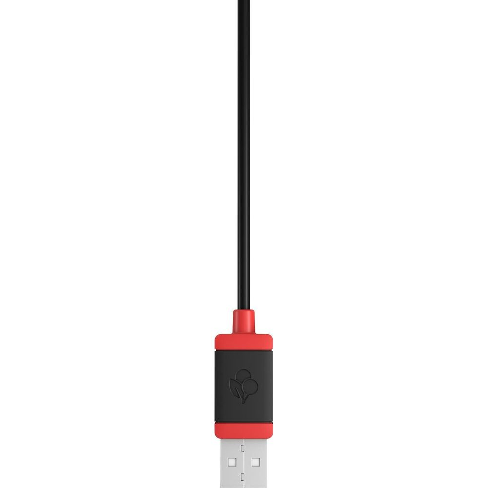 Un cavo nero con connettore rosso e spina USB, con logo.