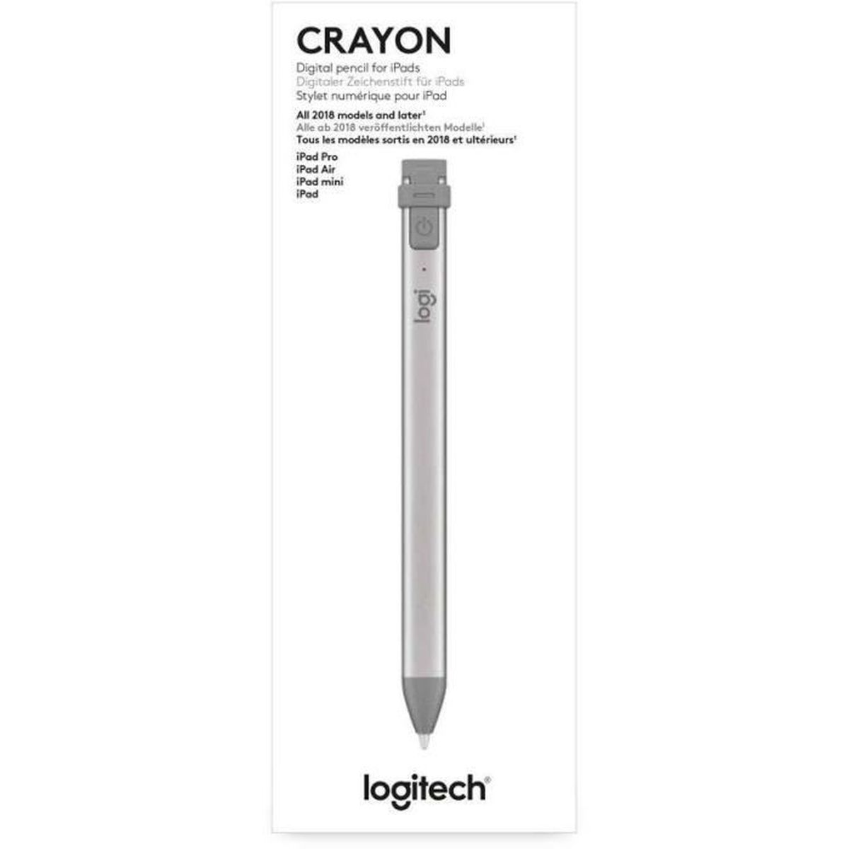 Logitech Crayon digitaler Stift für iPads, silberfarben, mit Logitech-Logo.