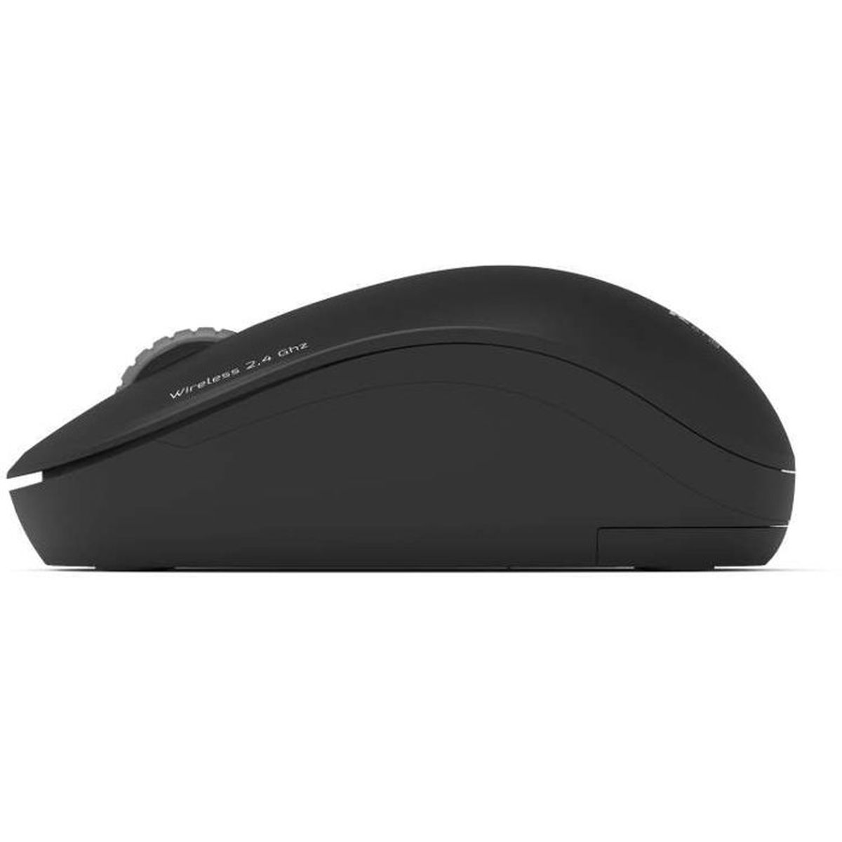 Black 2.4 GHz wireless mouse, side view with scroll wheel.