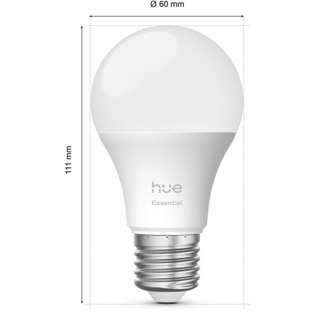 Eine weiße Philips Hue Essential Glühbirne mit E27-Sockel, 111mm hoch, 60mm Durchmesser.