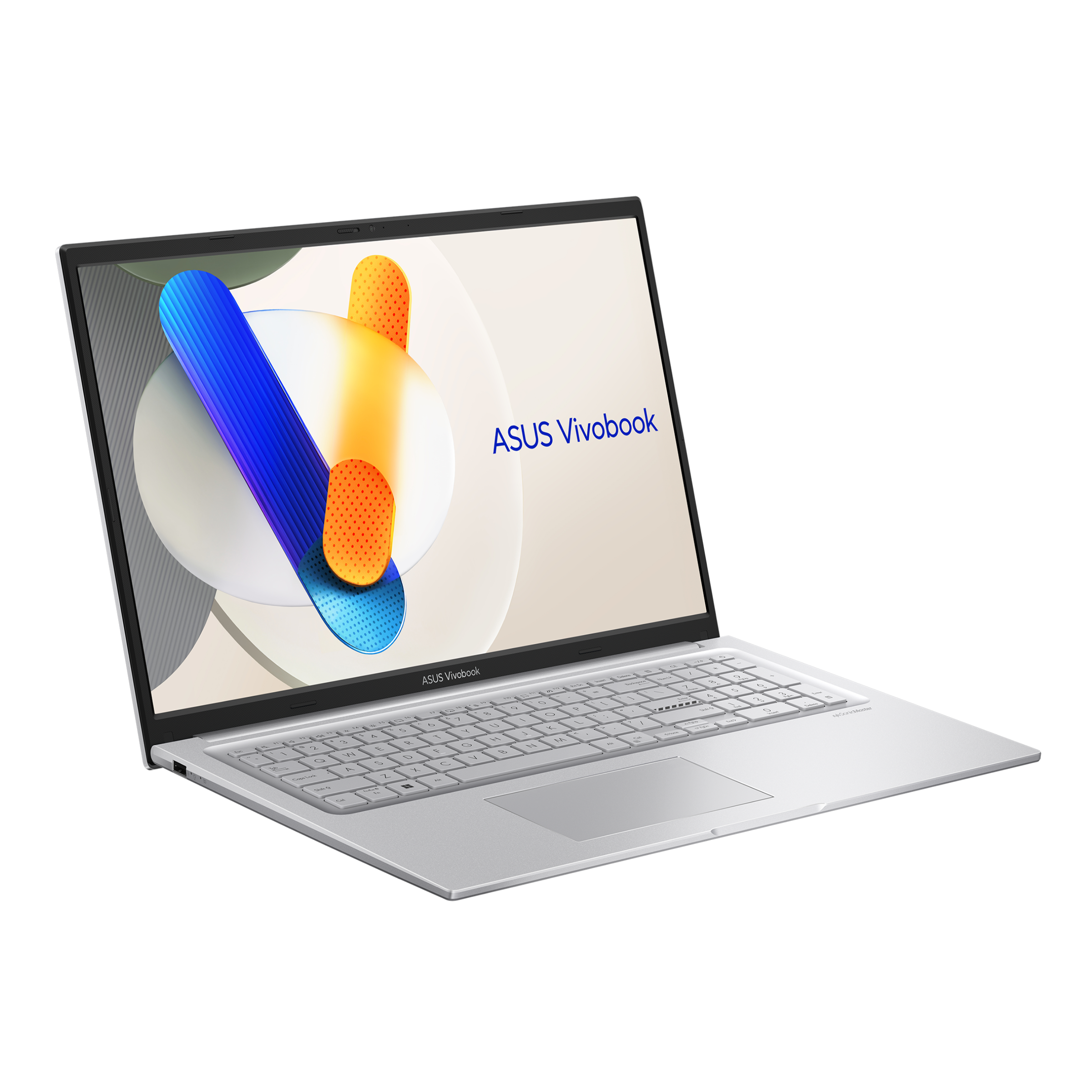 Silberner ASUS Vivobook Laptop mit abstraktem Hintergrund auf dem Bildschirm.