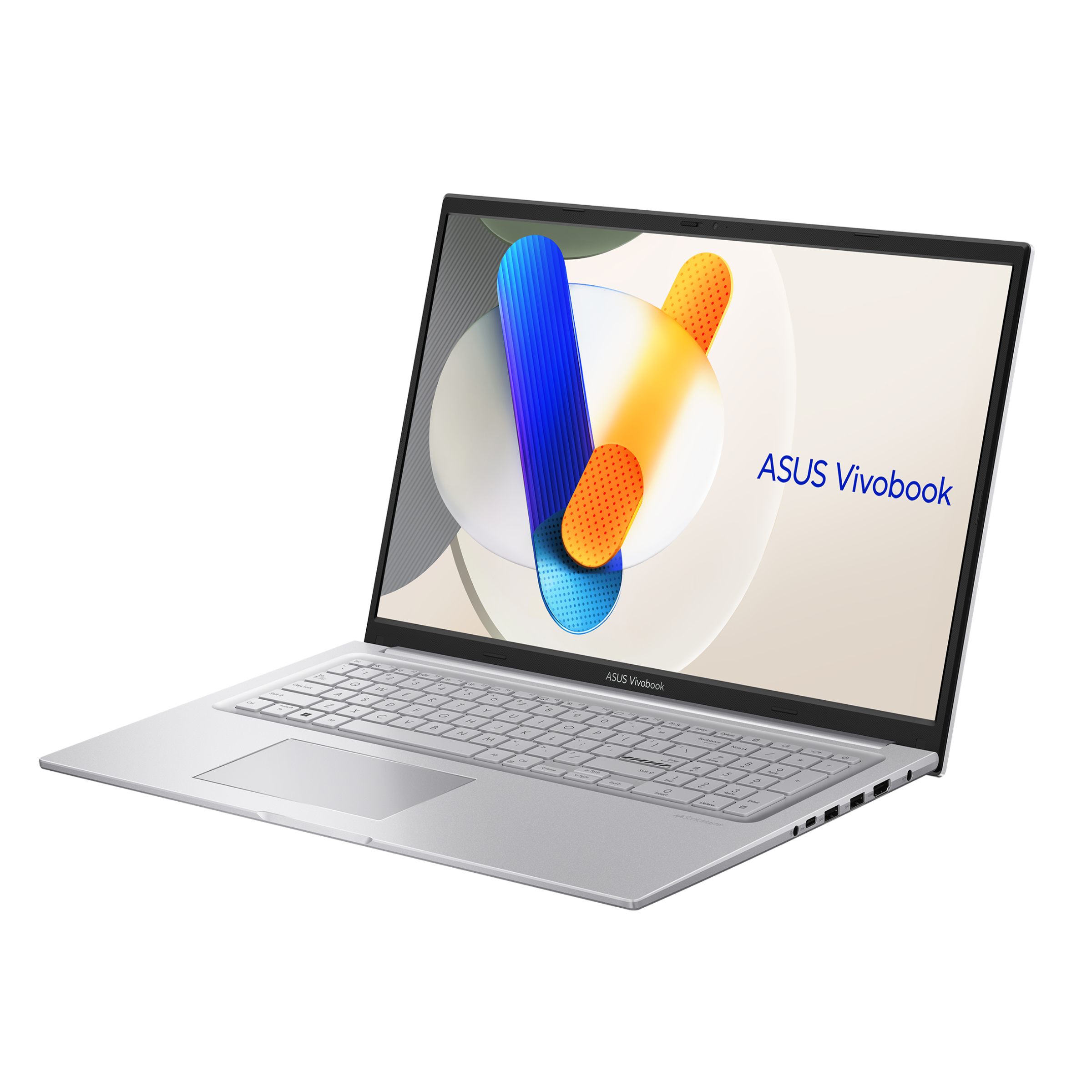 Ein silberner ASUS Vivobook Laptop mit einem abstrakten Hintergrund und bunten Formen.