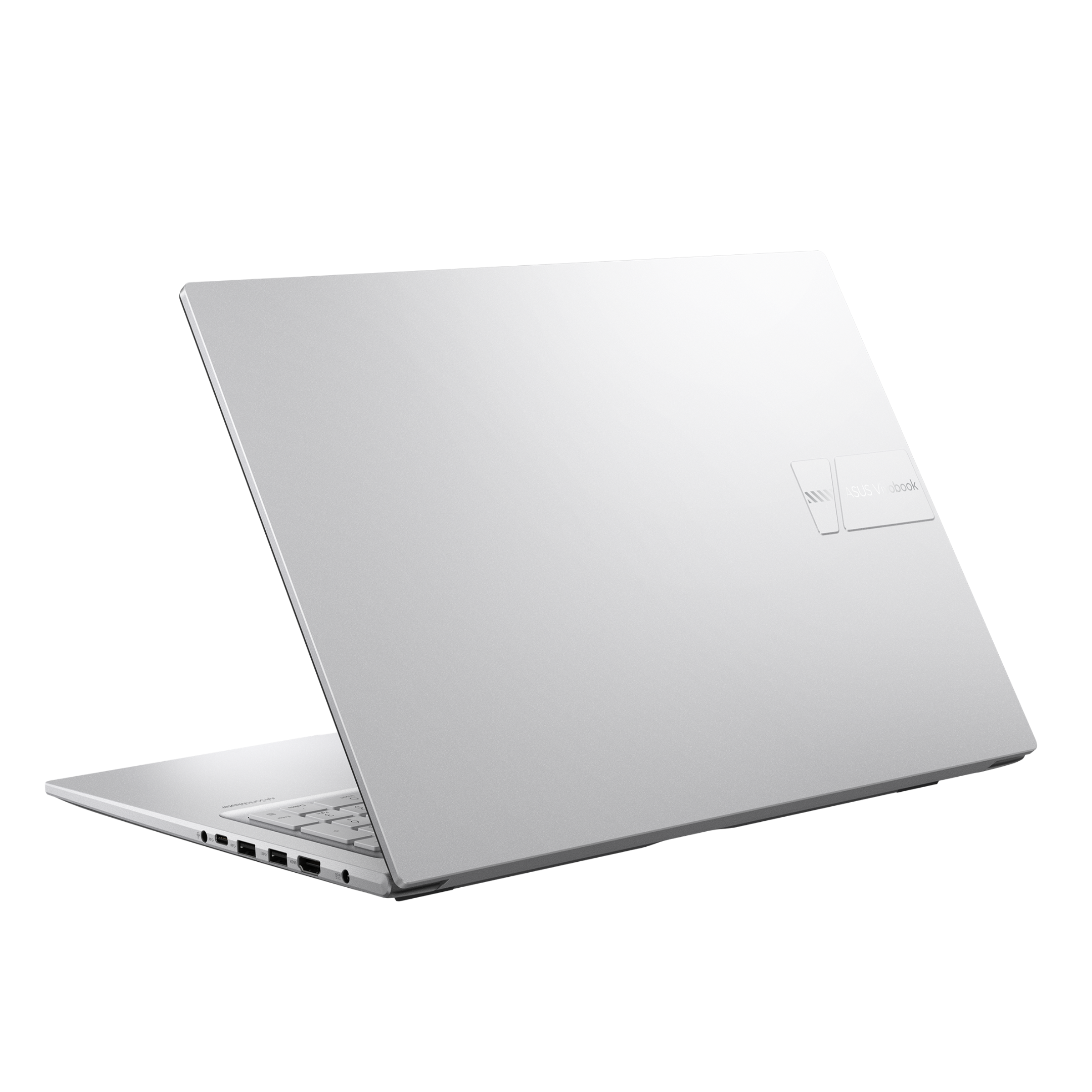 Ein silberner Laptop mit geöffnetem Deckel, auf schwarzem Hintergrund.