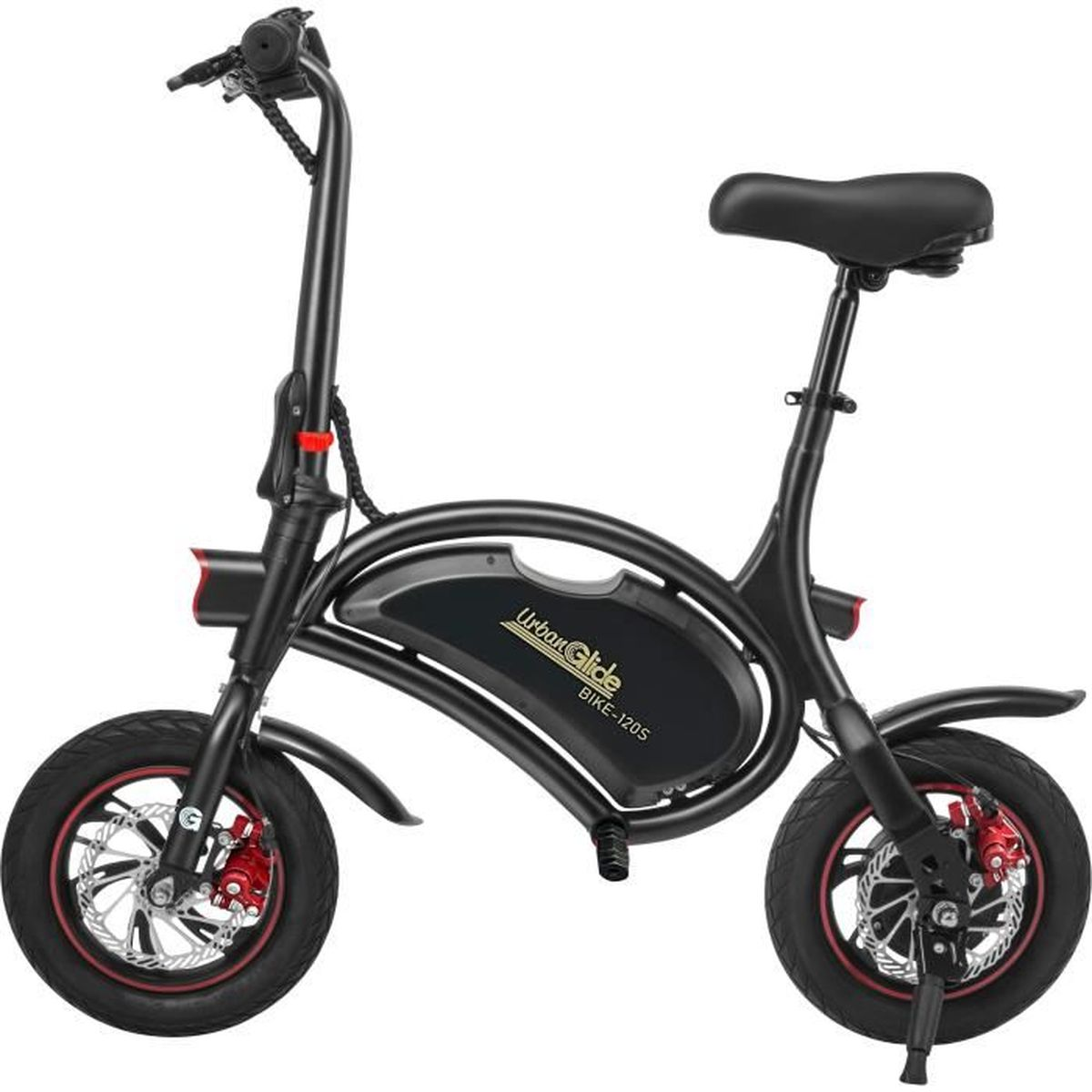Una bici elettrica pieghevole nera con pinze freno rosse e cerchi argentati.