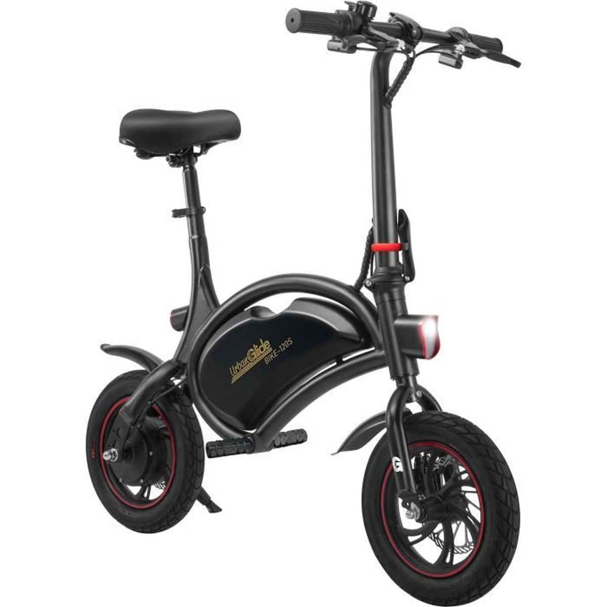 Una e-bike pieghevole nera con cerchi rossi e testo argentato sul telaio.