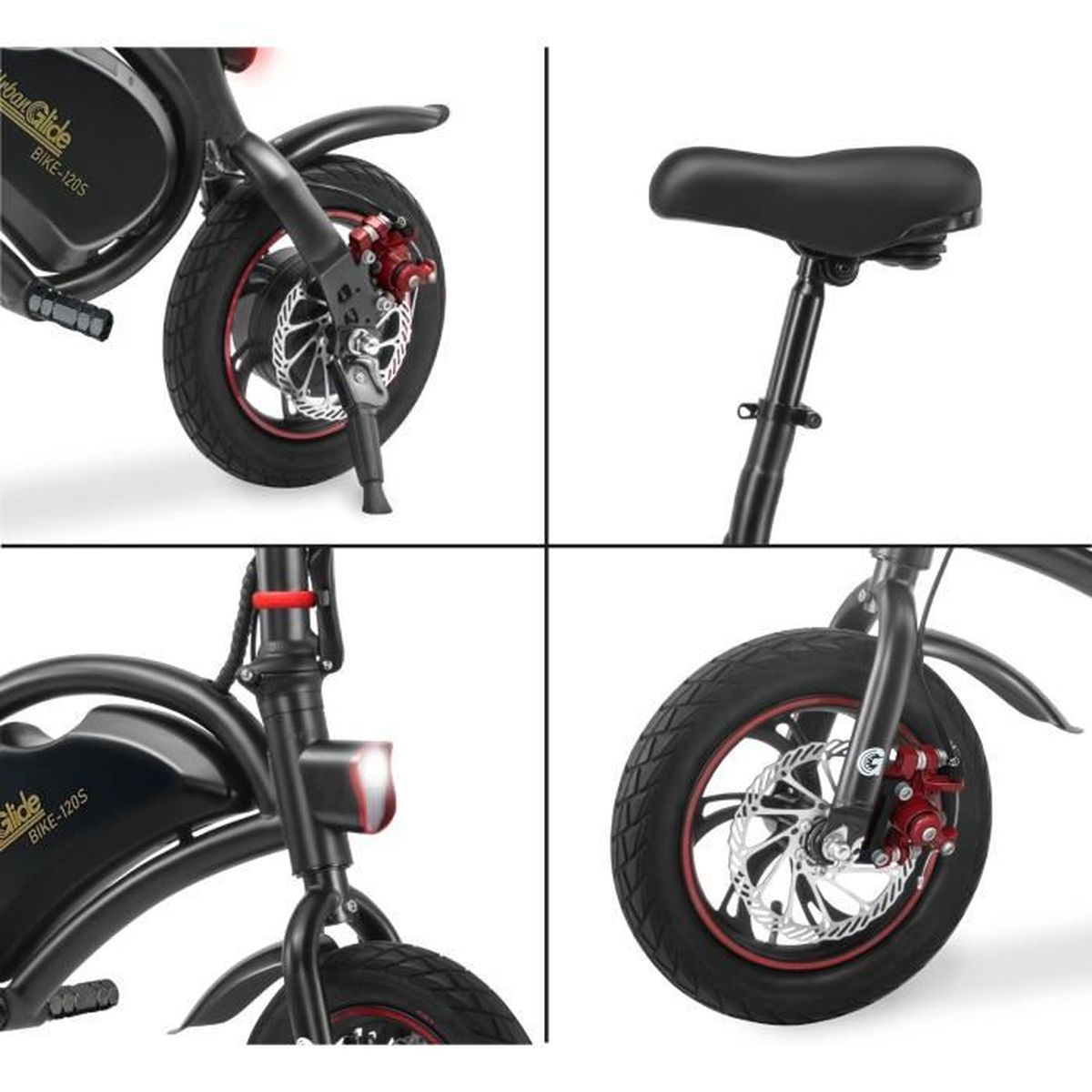 Primo piano di una bici elettrica nera con accenti rossi e freni a disco.