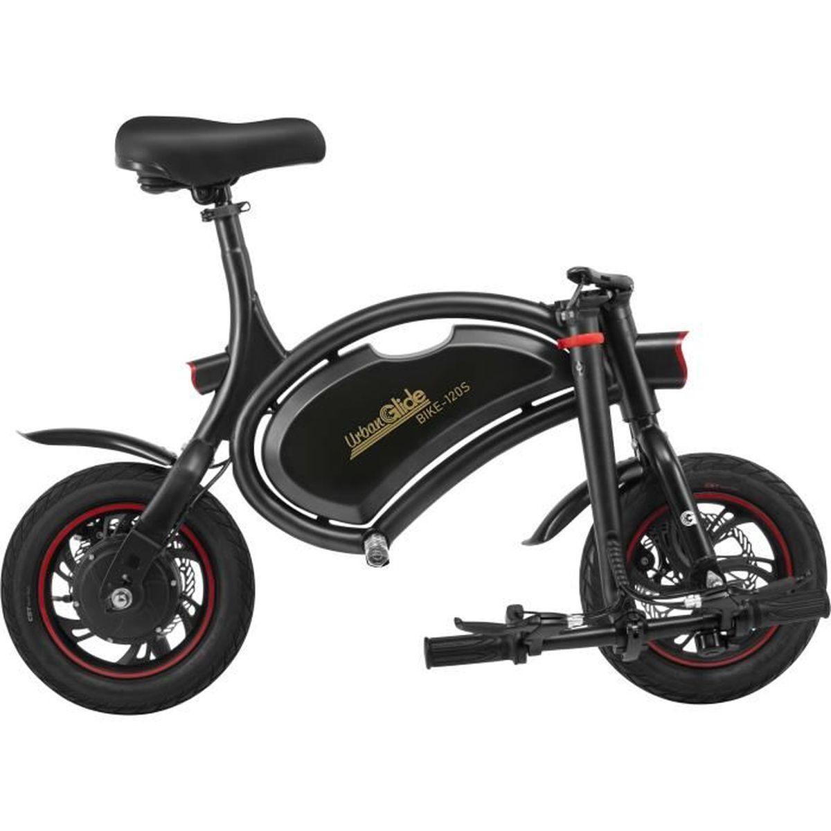 Una bici elettrica pieghevole nera con accenti rossi sui cerchi, su sfondo bianco.