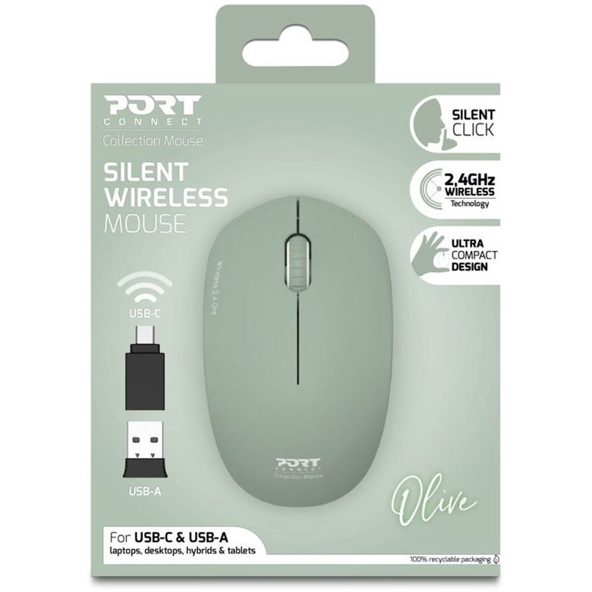 Confezione mouse wireless silenzioso verde oliva con adattatori USB-C e USB-A.