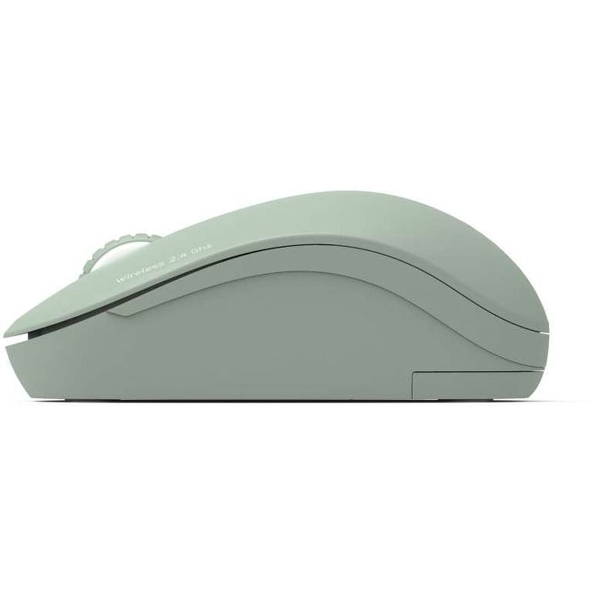 Un mouse wireless verde su sfondo bianco, vista laterale.
