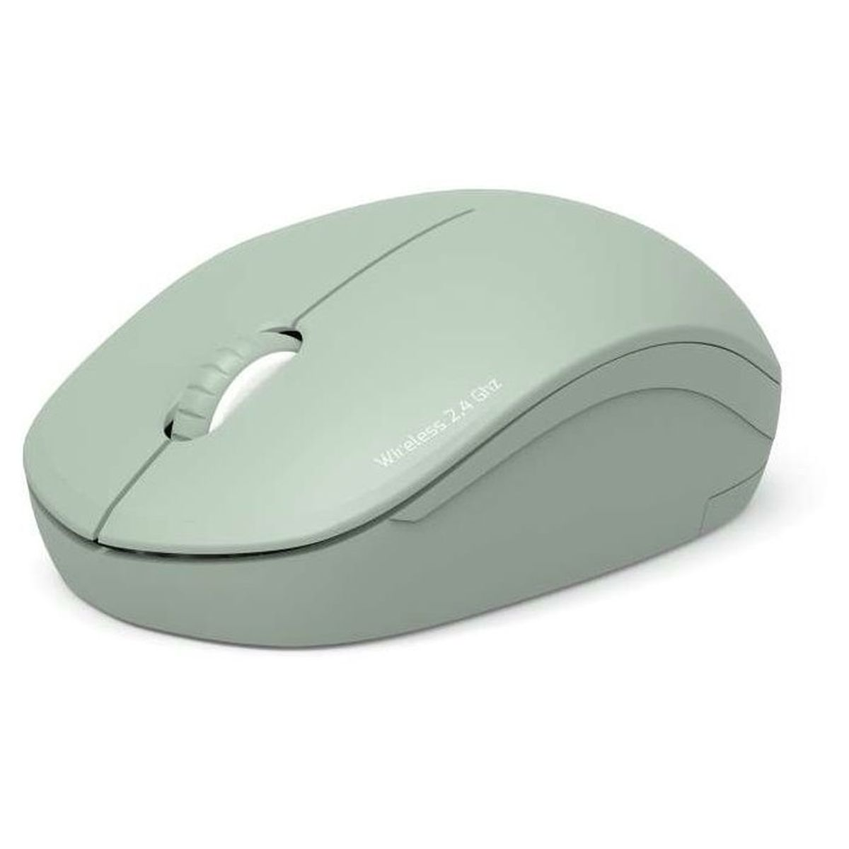 Un mouse wireless verde con rotellina di scorrimento e testo.