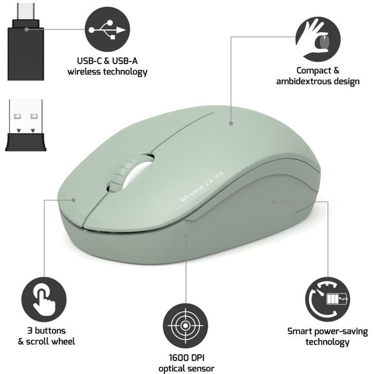 Un mouse wireless verde menta con rotellina, 3 pulsanti e sensore ottico.