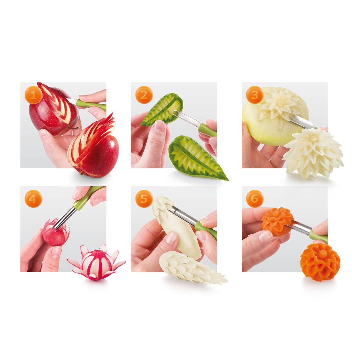 Sechs Bilder zeigen Obst- und Gemüseschnitzerei: Apfel, Blatt, Zwiebel, Radieschen, Spargel, Karotte.