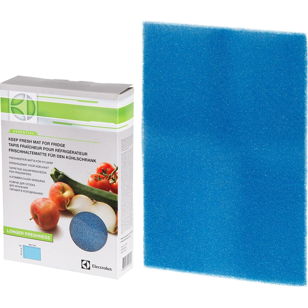 Confezione per tappetino blu per frigorifero con verdure e logo Electrolux.