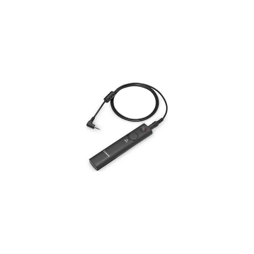 Un telecomando di scatto remoto Lumix nero Panasonic con cavo a spirale e connettore.