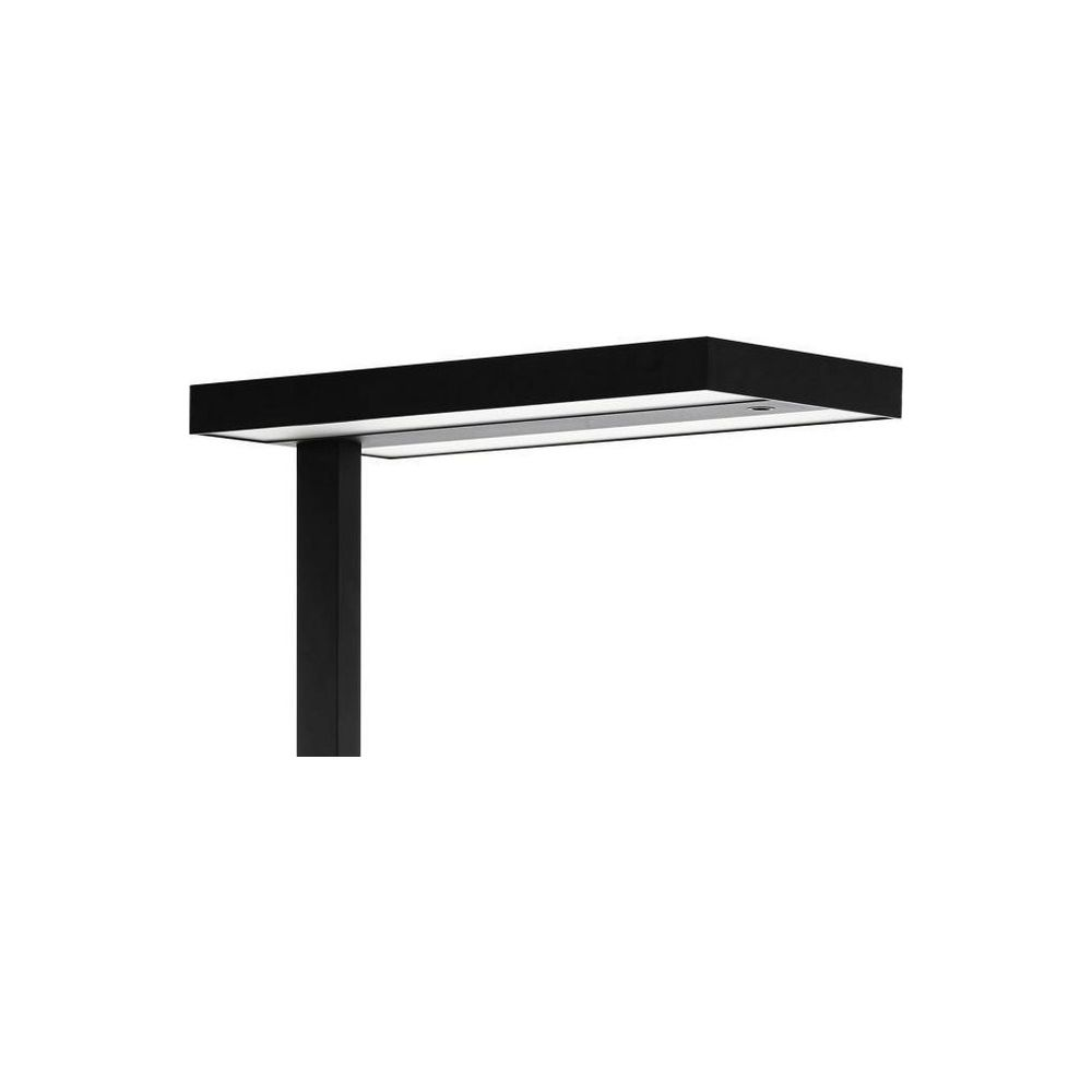 Un lampadaire moderne noir avec abat-jour rectangulaire.
