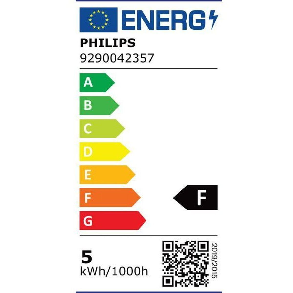Enerji etiketi Philips logosuyla, F enerji sınıfı, 5 kWh/1000h.