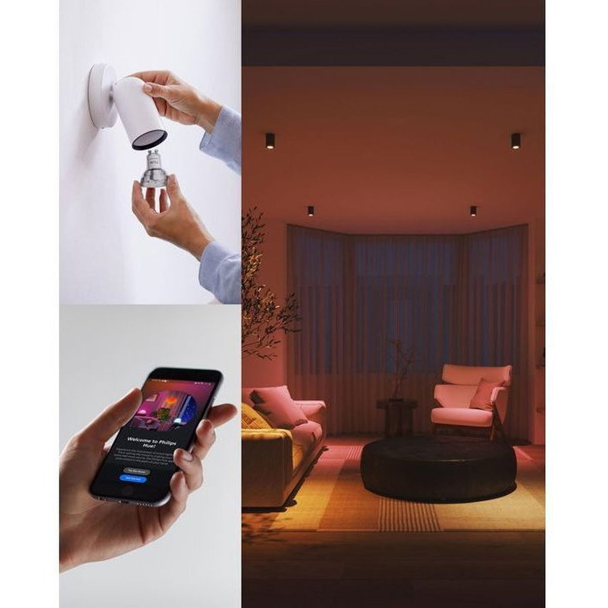 Lamba montajı, akıllı telefon ekranı ve aydınlatmalı oturma odası.