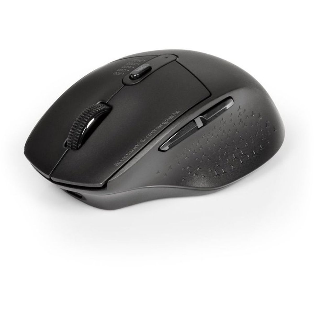 Czarna mysz Bluetooth z kółkiem przewijania, bocznym przyciskiem i teksturowanym uchwytem.