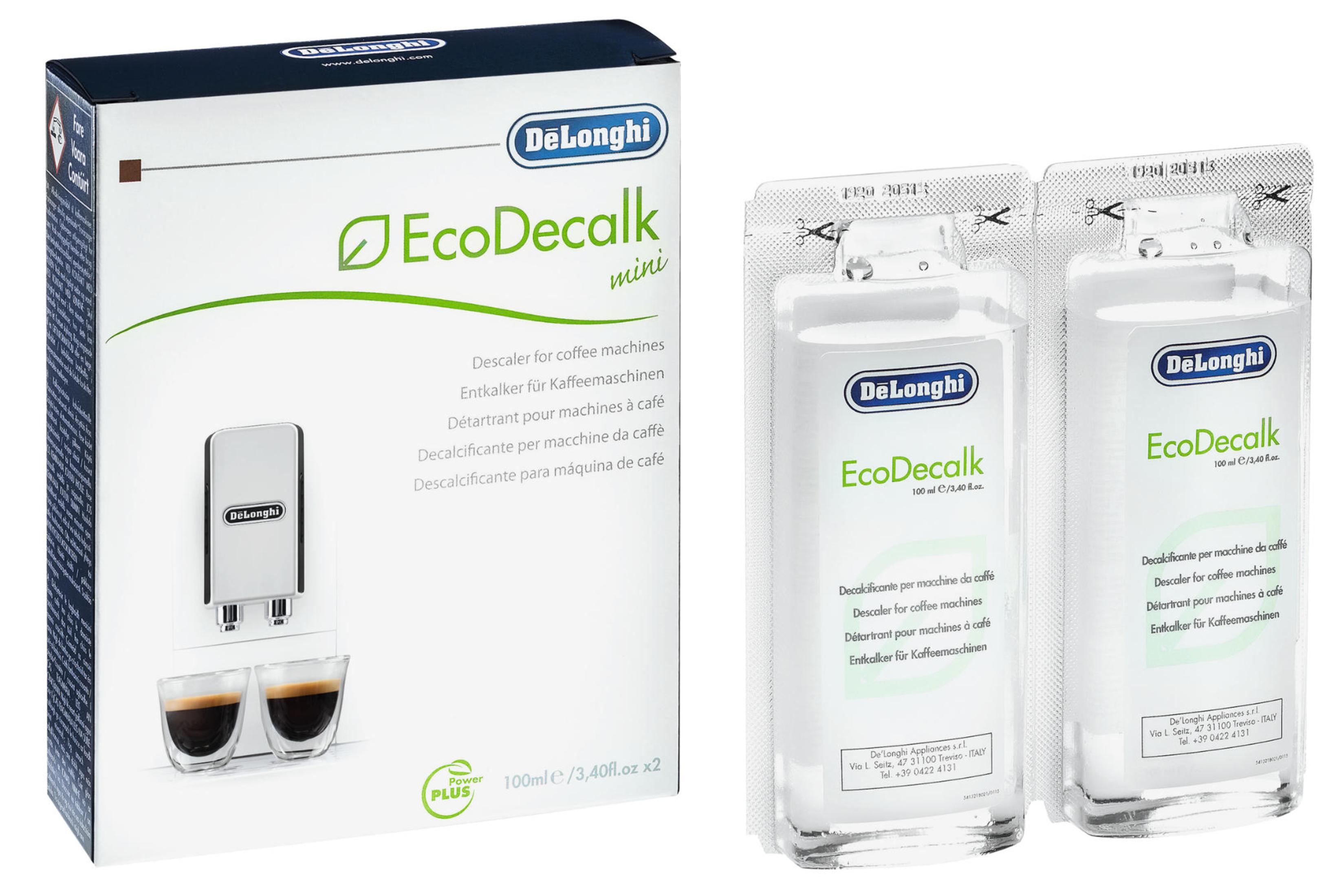 DeLonghi EcoDecalk Mini Packung und zwei Einzelportionen.