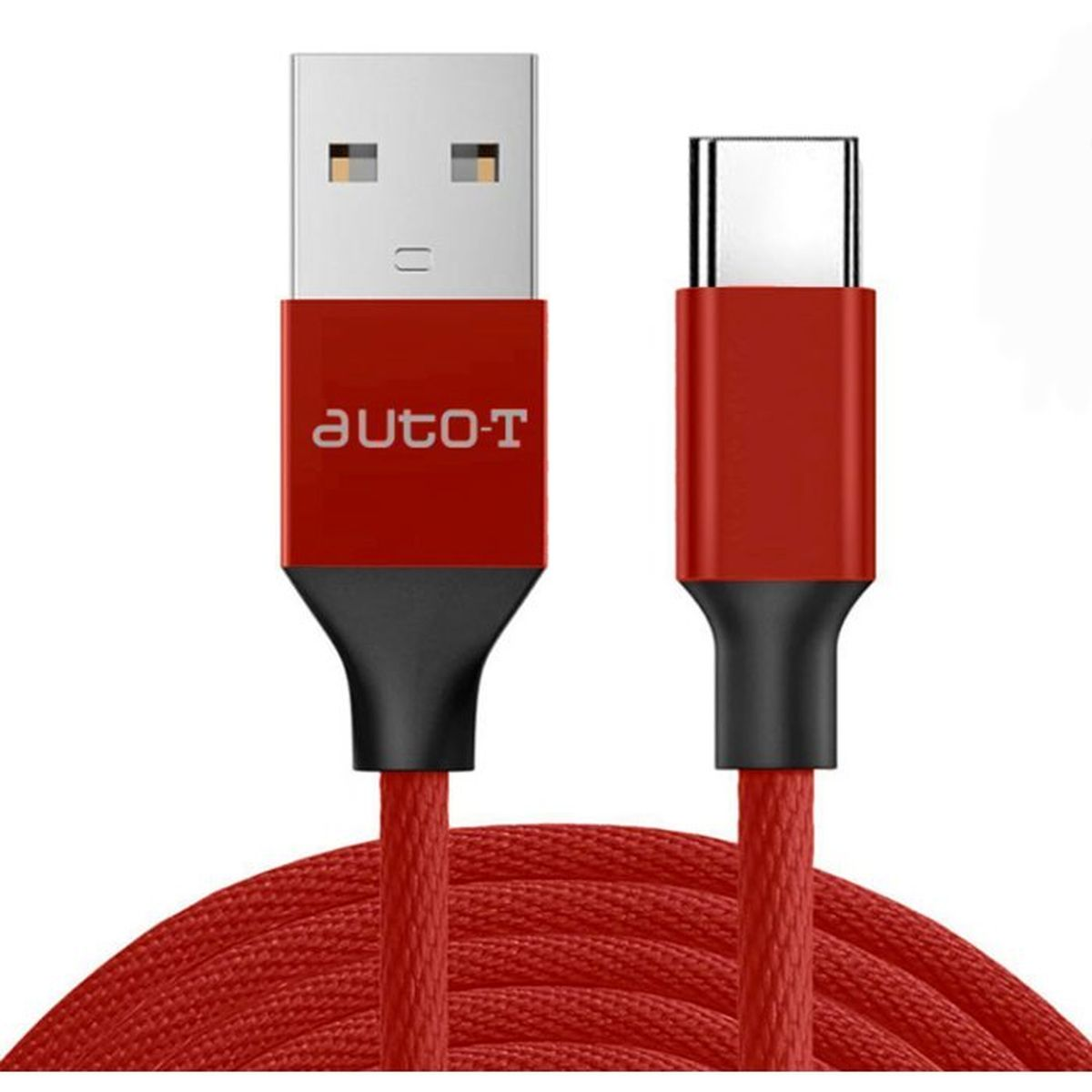 Ein rotes USB-C- und USB-A-Kabel mit schwarzem Anschluss