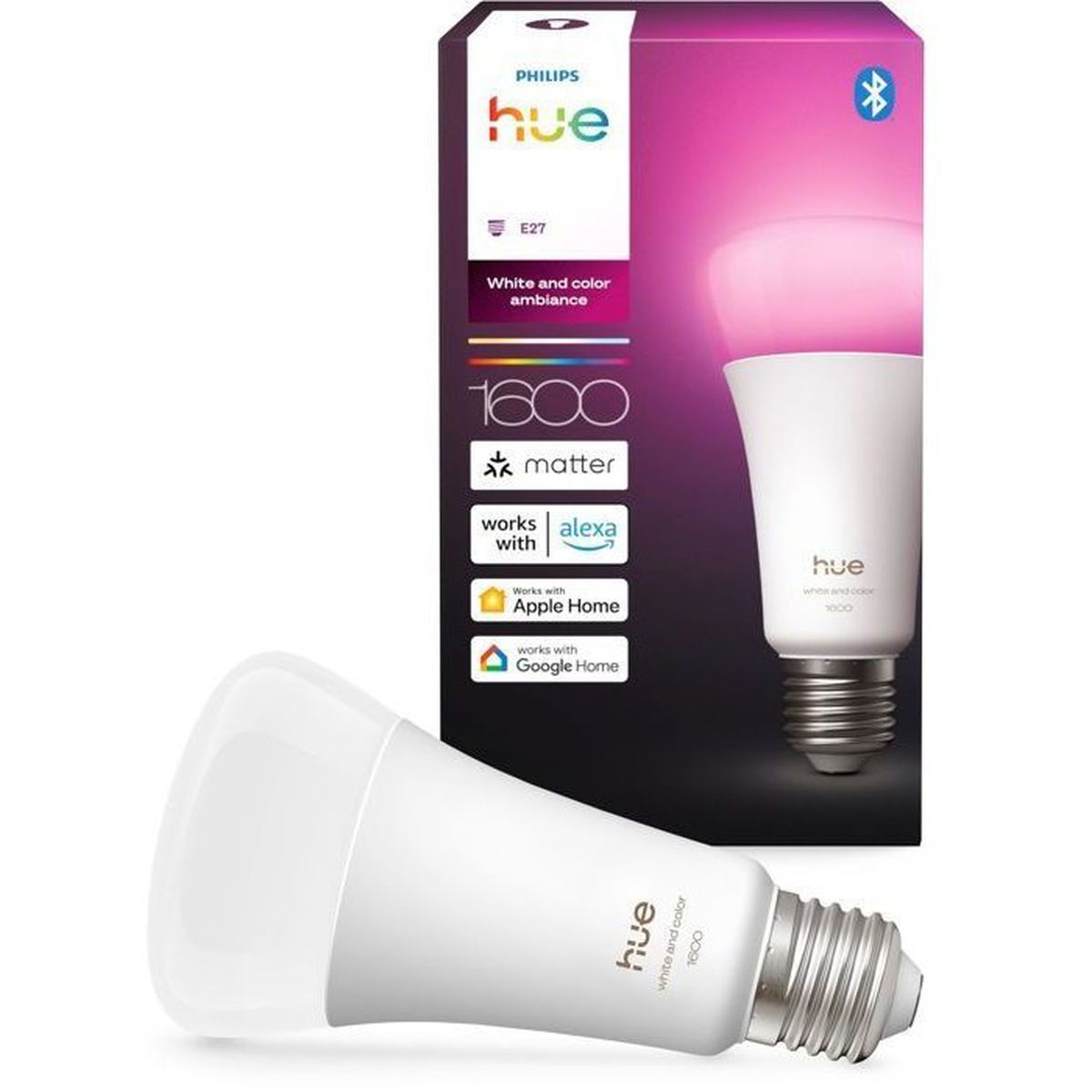 Una bombilla Philips Hue y su embalaje. La bombilla es blanca y está delante.