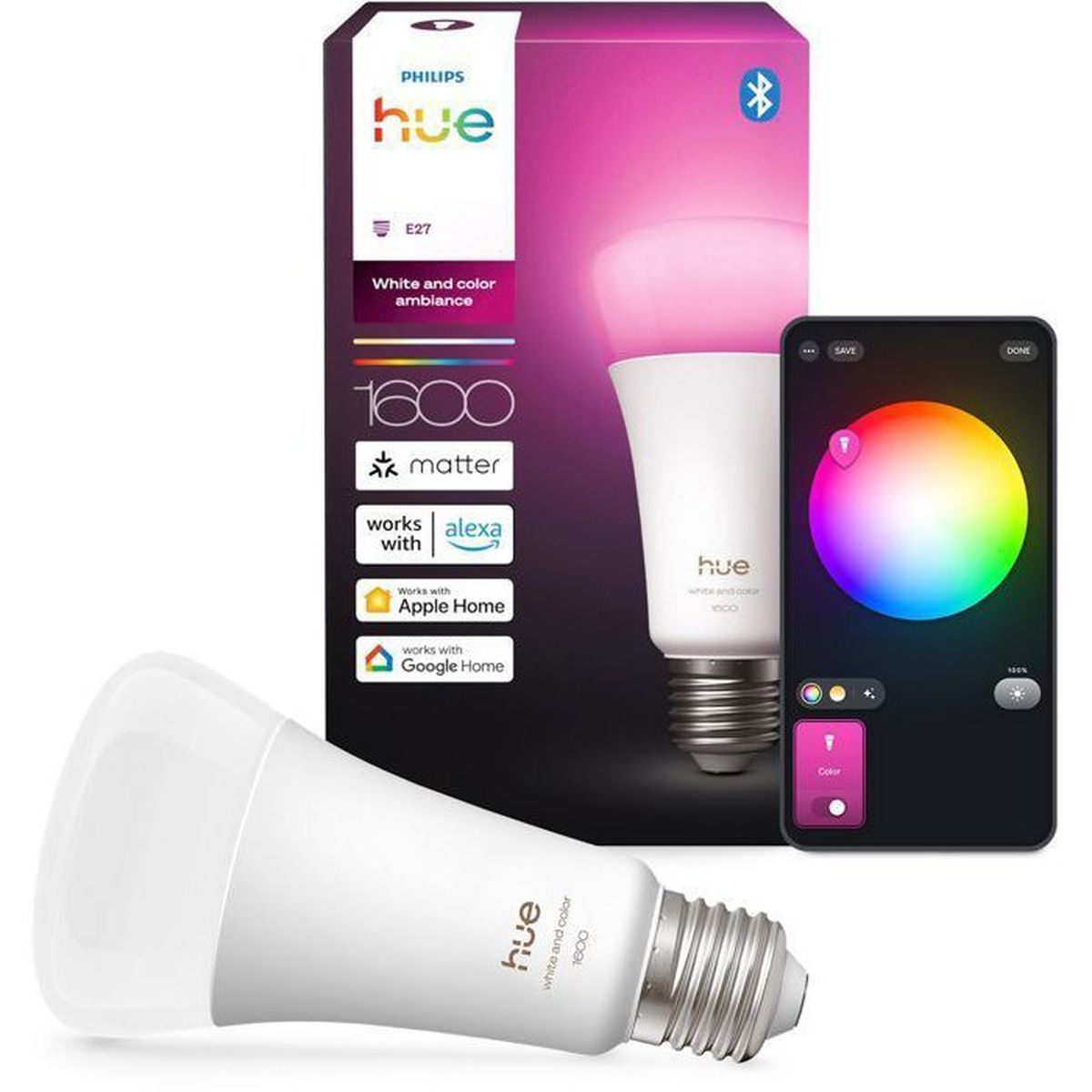 Bombilla Philips Hue con embalaje y app móvil mostrando colores.