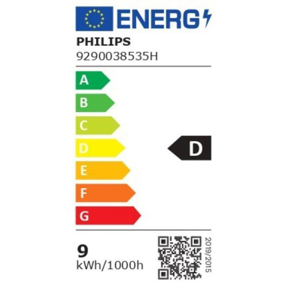 Etiqueta energética para Philips 9290038535H, clase D, 9 kWh/1000h.
